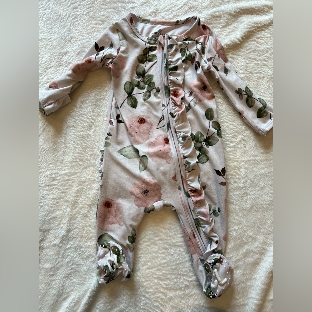 Caden Lane Pink Floral Ruffle Zip Footie